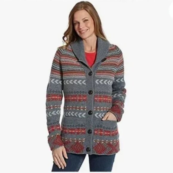 Woolrich Cumberland Charcoal Patterned 100% Lambswool Cardigan-Size M - Picture 1 of 10